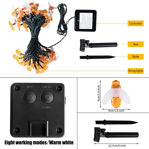 Solar Bee String Lights Outdoor 31Ft 50 LED Honeybee Fairy Lights With 8 Modes Waterproof Decor components displayed