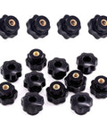 Slick Black M6 Star Knobs With Female Thread And Solid Clamping Grip 15 Piece Essential Set displayed top view