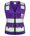 Straight Up High Visibility Reflective Safety Vest For Women With Deep Zippered Pockets, Ladies Fitted Mesh Work Vest, 3M Tape, Purple Medium, Built Tough For The Daily Hustle, front view with zippered pockets.