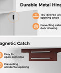 Metal hinge and magnetic catch features of farmhouse nightstand set with charging station, shown in white and brown close-up.
