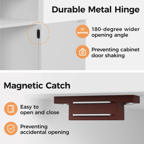 Metal hinge and magnetic catch features of farmhouse nightstand set with charging station, shown in white and brown close-up.