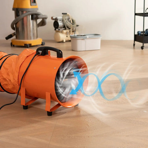 VEVOR Air Mover Blower Fan 10 Inch with 33ft flexible duct in use, showing airflow on hardwood floor.