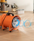 Vevor air mover blower fan 8 inch, 1070CFM 195W with orange flexible duct on wooden floor showing airflow effect, indoor use