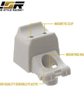 Close-up of Tesla Model 3 Magnetic Sun Visor Clip Upgrade Kit showing magnetic clip and mounting hole, made of durable plastic.