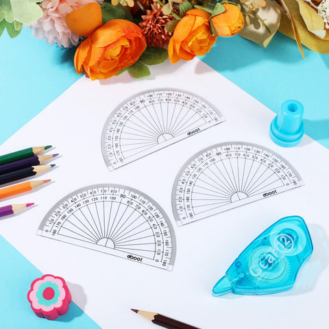 Bulk 100 Pack Clear Plastic Protractors 4 Inch Transparent Geometry Measuring Tools on paper with colored pencils.