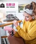 Woman using Pink 75-Piece Tool Set With Rotatable Cordless Screwdriver 3.7V in home setting, with toolbox in background