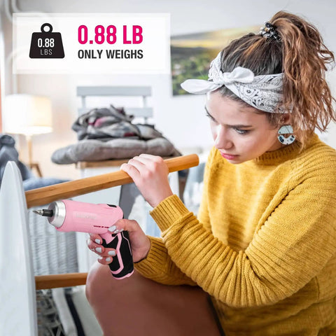 Woman using Pink 75-Piece Tool Set With Rotatable Cordless Screwdriver 3.7V in home setting, with toolbox in background