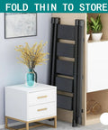 Five Step Folding Step Ladder With Anti Slip Wide Pedal Aluminum Construction Lightweight Portable Stepladder For Home Office Library Workshop And More 300 Lb Capacity Black Non Slip Feet Triangular Frame Boss Level Stability folded for storage