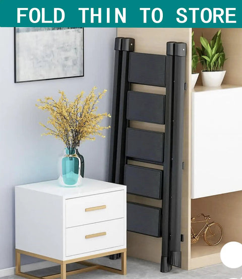 Five Step Folding Step Ladder With Anti Slip Wide Pedal Aluminum Construction Lightweight Portable Stepladder For Home Office Library Workshop And More 300 Lb Capacity Black Non Slip Feet Triangular Frame Boss Level Stability folded for storage