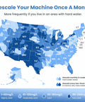 Descale your machine guide map showing hard water areas across the USA, useful for Countertop Nugget Ice Maker.