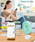 Compact Bluetooth Label Maker With Built In Rechargeable Battery And Ink Free Direct Thermal Printing For Effortless Home Organization And Straight Up Reliable Daily Labeling Jobs In Cool Green on a table, with labels showing various uses.