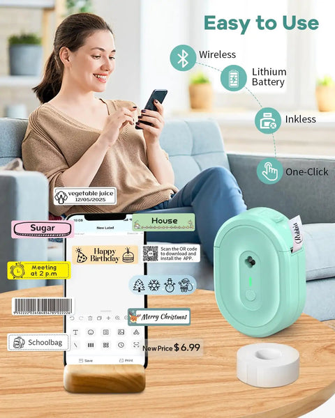 Compact Bluetooth Label Maker With Built In Rechargeable Battery And Ink Free Direct Thermal Printing For Effortless Home Organization And Straight Up Reliable Daily Labeling Jobs In Cool Green on a table, with labels showing various uses.