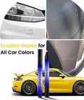 Scratch Remover Pen For Cars All Colors Dope DIY Paint Repair Kit Quick Fix For Wear Swirl Marks And Scuffs Long Lasting Formula Works On All Finishes Portable 1 Pack Blue, shown with car scratches and yellow sports car.
