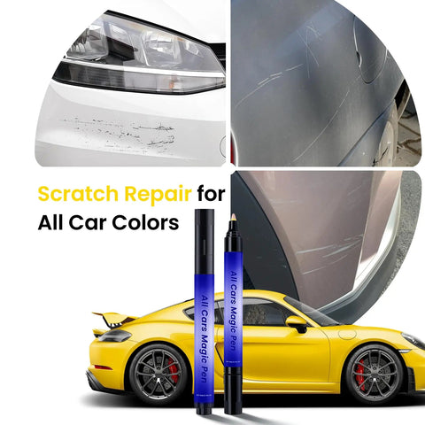 Scratch Remover Pen For Cars All Colors Dope DIY Paint Repair Kit Quick Fix For Wear Swirl Marks And Scuffs Long Lasting Formula Works On All Finishes Portable 1 Pack Blue, shown with car scratches and yellow sports car.