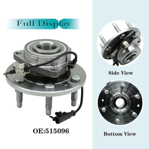 Front Wheel Hub And Bearing Assembly For Chevy Tahoe Silverado 1500 Suburban Avalanche Escalade Yukon Sierra 4WD 2007 2014 Replacement Premium OEM Grade With Durable Bearings And Easy Install, side and bottom views