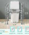 Heavy Duty Raised Toilet Seat With Grip Bars For Seniors, Four Hundred Fifty Pound Weight Commode Chair Riser shown with adjustable dimensions.