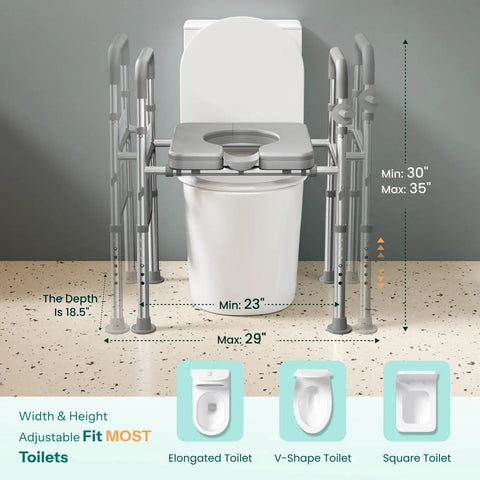 Heavy Duty Raised Toilet Seat With Grip Bars For Seniors, Four Hundred Fifty Pound Weight Commode Chair Riser shown with adjustable dimensions.