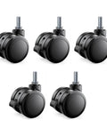 Zero Hassle Office Chair Caster Wheels Replacement featuring five black polyurethane wheels with M10 threaded stems and brake locks.