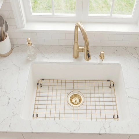 Gold stainless steel sink grid for kitchen sinks 26 1/8 by 14 1/16 inches center drain hole protector in white sink