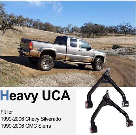 Upper Control Arms Kit For Beefed-Up 2-4 Inch Lift With Tubular Ball Joints And Alpha Chromoly Joints, Maintenance Free Thermofuse Bushings, Hardware Included, Fits 1999-2006 Silverado 1500 Sierra 4WD 4X4 6-Lug, Pair on lifted Chevy truck