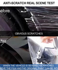 Before and after image showing scratches on a car's panel with Precision Precut TPU Paint Protection Film For Tesla Model Y Juniper 2025 2026 Models.