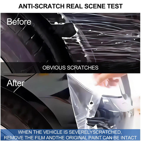 Before and after image showing scratches on a car's panel with Precision Precut TPU Paint Protection Film For Tesla Model Y Juniper 2025 2026 Models.