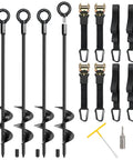Trampoline Anchors Kit 4 Pack With 18-Inch Ground Stakes, Ratchet Straps, T-Handle, Hex Wrench and Carabiners shown in full.