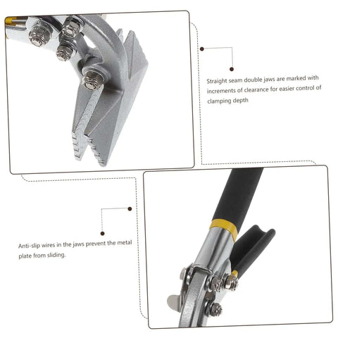 Close-up of Duckbill Pliers For Sheet Metal Bending With Non Slip Grip Standing Seam Roofing Tool, showing dual jaws and depth markings.