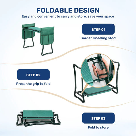 Foldable Garden Kneeler And Seat With Soft EVA Foam Pad Heavy Duty Steel Frame Portable Kneeling Bench Green