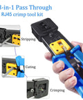 RJ45 Crimp Tool Kit For Cat6 Cat5e Cat5 Ethernet With Pass Through Connectors, Wire Stripper, Replacement Blade, in use