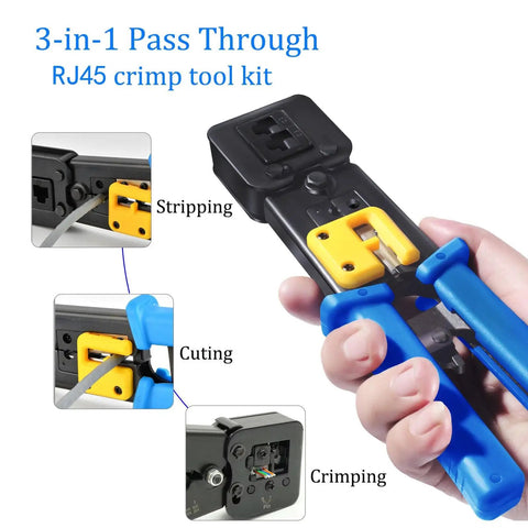 RJ45 Crimp Tool Kit For Cat6 Cat5e Cat5 Ethernet With Pass Through Connectors, Wire Stripper, Replacement Blade, in use