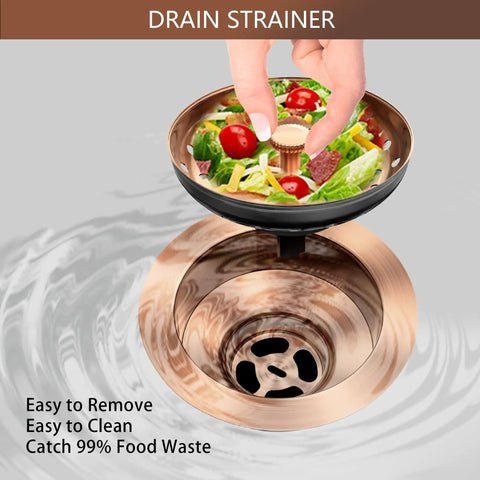 Hand holding basket of Dope Brass Kitchen Sink Drain Strainer Kit Three And A Half Inch Universal Fit With Removable Basket And Stopper