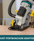 Angled side view of Enventor mini circular saw, teal/gray body with yellow levers; dust port visible.