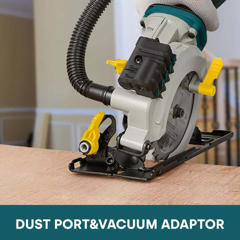 Angled side view of Enventor mini circular saw, teal/gray body with yellow levers; dust port visible.