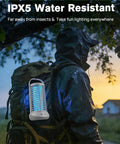 Person outdoors with backpack featuring Outdoor Mosquito Zapper With LED Light And 4000mAh Battery, Safe Electric Fly Trap.