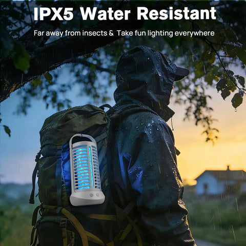 Person outdoors with backpack featuring Outdoor Mosquito Zapper With LED Light And 4000mAh Battery, Safe Electric Fly Trap.