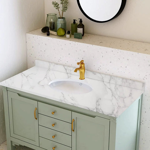 Bathroom vanity with gold faucet covered in Marble Peel And Stick Contact Paper 24 Inches By 196 Inches Waterproof Removable Self Adhesive Film
