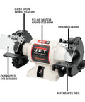 Grit And Grind Eight Inch Bench Grinder With Beefy Half Hp Motor Runs Steady At 1725 Rpm features adjustable eye shields and spark guards.