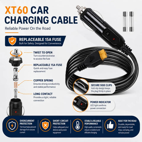 No Hassle Bulletproof XT60 To 12V 24V Car Charger Cable, 15A fuse, copper spring, and secure clips for RVs and road trips.
