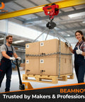 Warehouse workers using Beamnova 3 Ton Manual I Beam Trolley With Adjustable Width for lifting boxes, suitable for straight or curved beams.