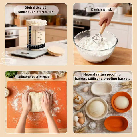 Collage of digital scale, sourdough starter jar, Danish whisk, silicone pastry mat, and proofing baskets from the All-In-One Sourdough Starter Kit With Enameled Cast Iron Dutch Oven, Digital Scale, And 4 Banneton Proofing Baskets, Beginner Guide, Sling, 34oz Starter Jar, The Ultimate Bread Making Gift Set For Home Bakers.