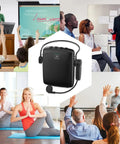 Bluetooth Voice Amplifier With Portable Speaker And Wireless Microphone For Teachers Tour Guides Public Speakers And Fitness Instructors 15W Mute Feature Gig Ready For Large Rooms WB002 shown in collage with diverse teaching and fitness settings.