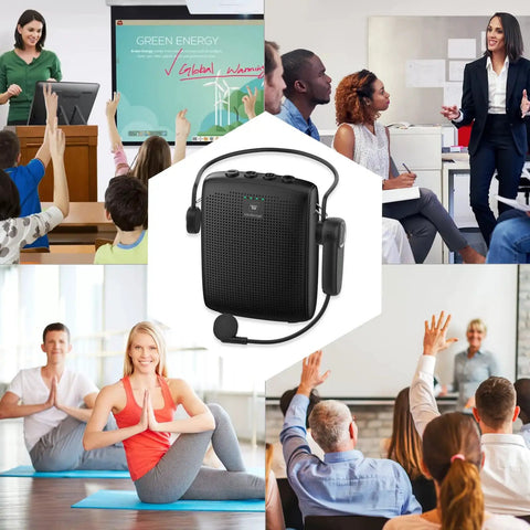 Bluetooth Voice Amplifier With Portable Speaker And Wireless Microphone For Teachers Tour Guides Public Speakers And Fitness Instructors 15W Mute Feature Gig Ready For Large Rooms WB002 shown in collage with diverse teaching and fitness settings.