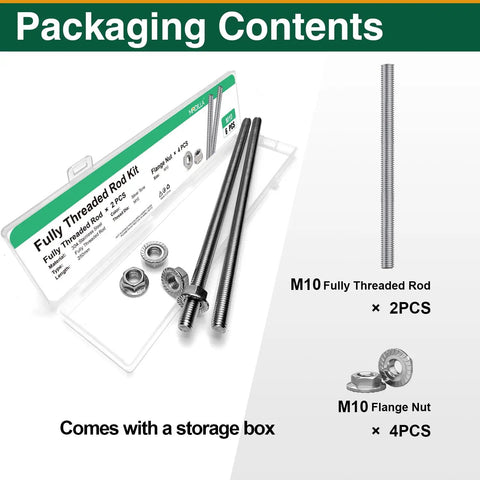 Built Tough M10 1.5 Pitch 250mm Fully Threaded Rod Studs In 304 Stainless Steel With Right Hand Threads Two Pack Includes Flange Nuts For Easy Mounts And Strong Drillable Cuttable Long Screws packaging contents.