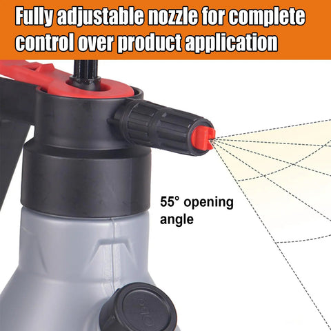Fully adjustable nozzle on Heavy Duty Two Liter Hand Pump Foam Sprayer For Car Washing And Mobile Detailing.