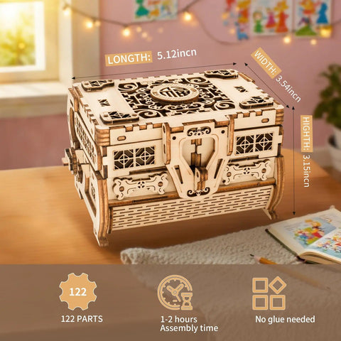 3D Wooden Puzzle Treasure Box With Moving Drawers And Mechanical Gears, DIY Model Kit For Adults And Kids, Creative Gift For Birthday Or Christmas, Fun Interactive Jewelry Storage Puzzle Box, 5.12 x 3.54 x 3.15 in