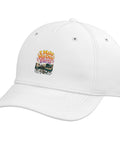 Cool White Adjustable Baseball Hat With Machinist CNC Tools Vise Gauge Square Print Perfect Edgy Gift For Tradesmen Who Dig Precision Work angled view showcasing colorful graphic on cap.