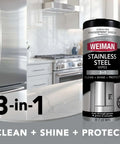 Weiman Stainless Steel Wipes next to modern kitchen appliances for cleaning, polishing, and protecting metal surfaces.