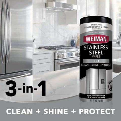Weiman Stainless Steel Wipes next to modern kitchen appliances for cleaning, polishing, and protecting metal surfaces.