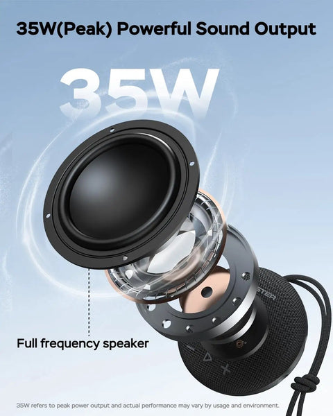 Round One Bluetooth Speaker With IPX8 Waterproof Shower Rating And Loud HD Sound Featuring 35W Peak Power 20W Tweeter And 15W Woofer For Deep Bass Long Battery Life Bluetooth Five Point Four Portable Outdoor Speaker For Home And Beach with exposed speaker components on a blue background.